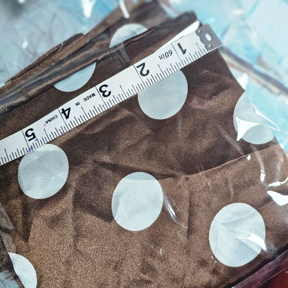Brown & Light Blue Polka Dot Satin Fabric Remnant 23" x 48" Shiny Finish Sewing